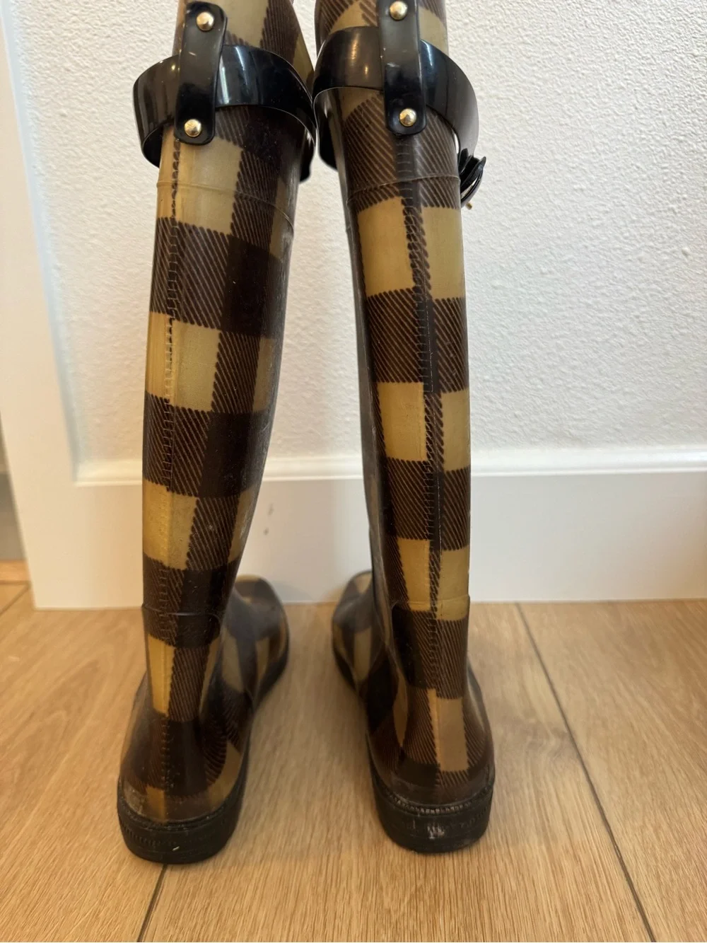 Lauren Ralph Lauren Buffalo Plaid Tall Rain Boots Black Tan Women’s Size 9